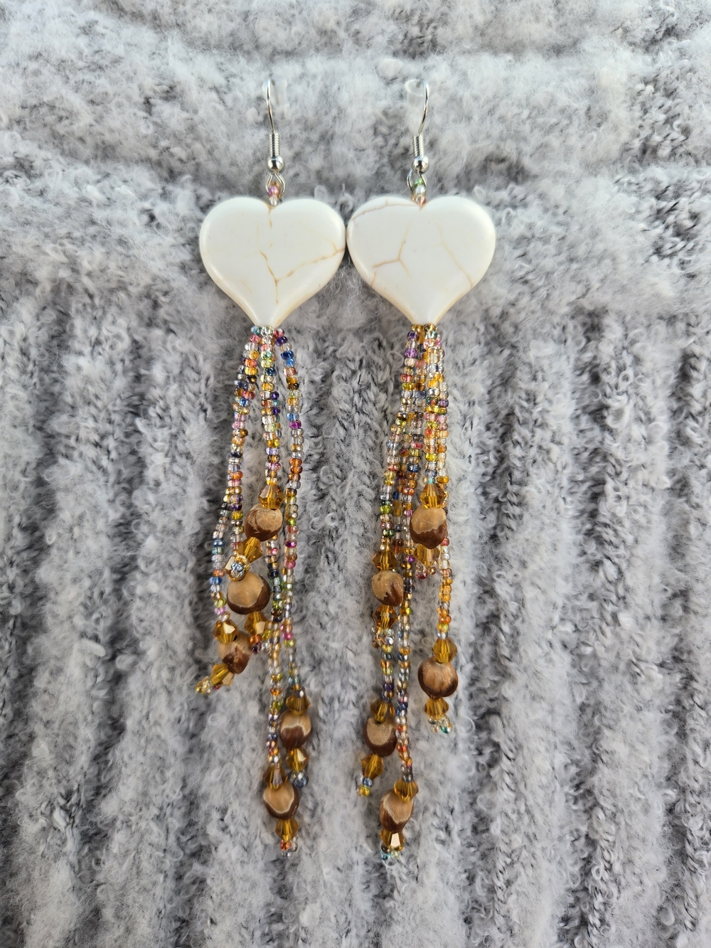 White Heart Bead Tassel Earrings - Multicolor Beads With Juniper Beads